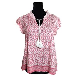 Lucky Brand Cotton Modal Split V-neck Flutter Top Paisley Red & White Size Small